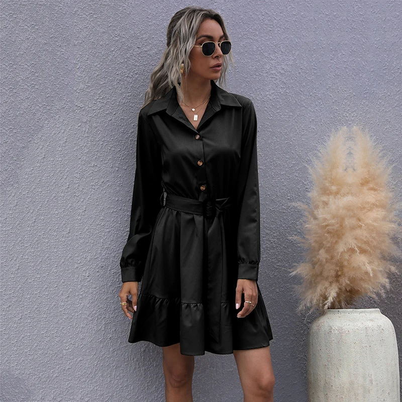 

Solid Color Sash Button Long Sleeve Office Women Dress Summer Turn Down Collar Elegant Streetwear Ruffle A Line Ladies Dresses