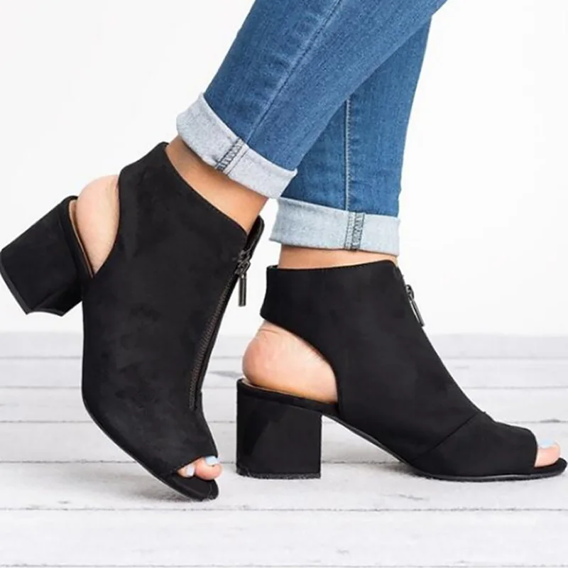 

Women's Sandals Summer Microfiber Shoes Plus Size 40-43 Square Heel Zipper Shoes Woman Suede Factory Outlets