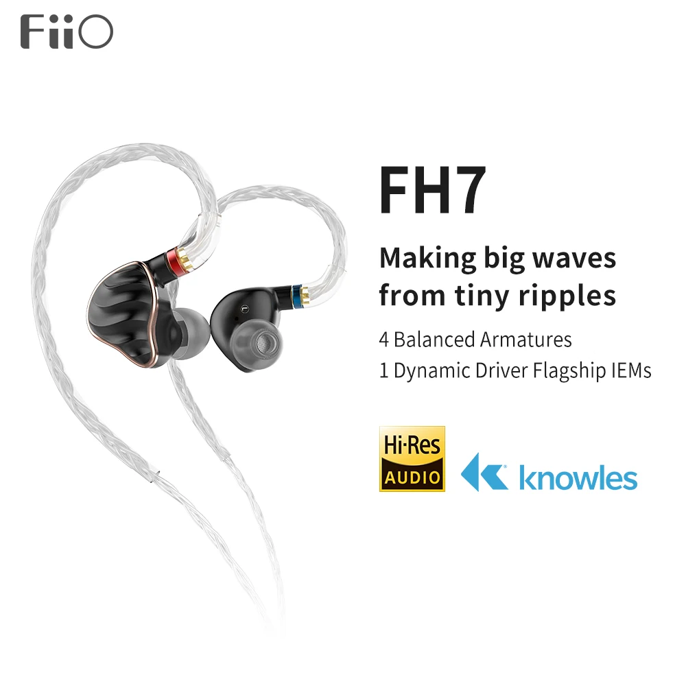 FiiO FH7 HiFi аудио Hi Res бериллий PVD 5 драйвер (4 Knowles BA + 1DD) гибридные Внутриканальные