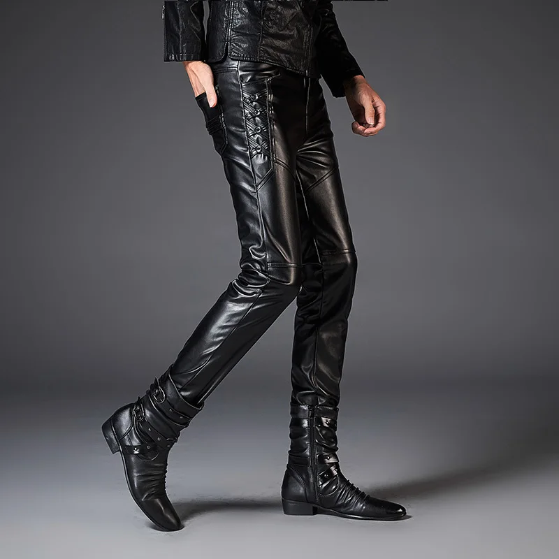 PU Faux Leather Pants For Men Brand Black Fashion Motorcycle Streetwear Punk Hip HOP Bike Trouesr