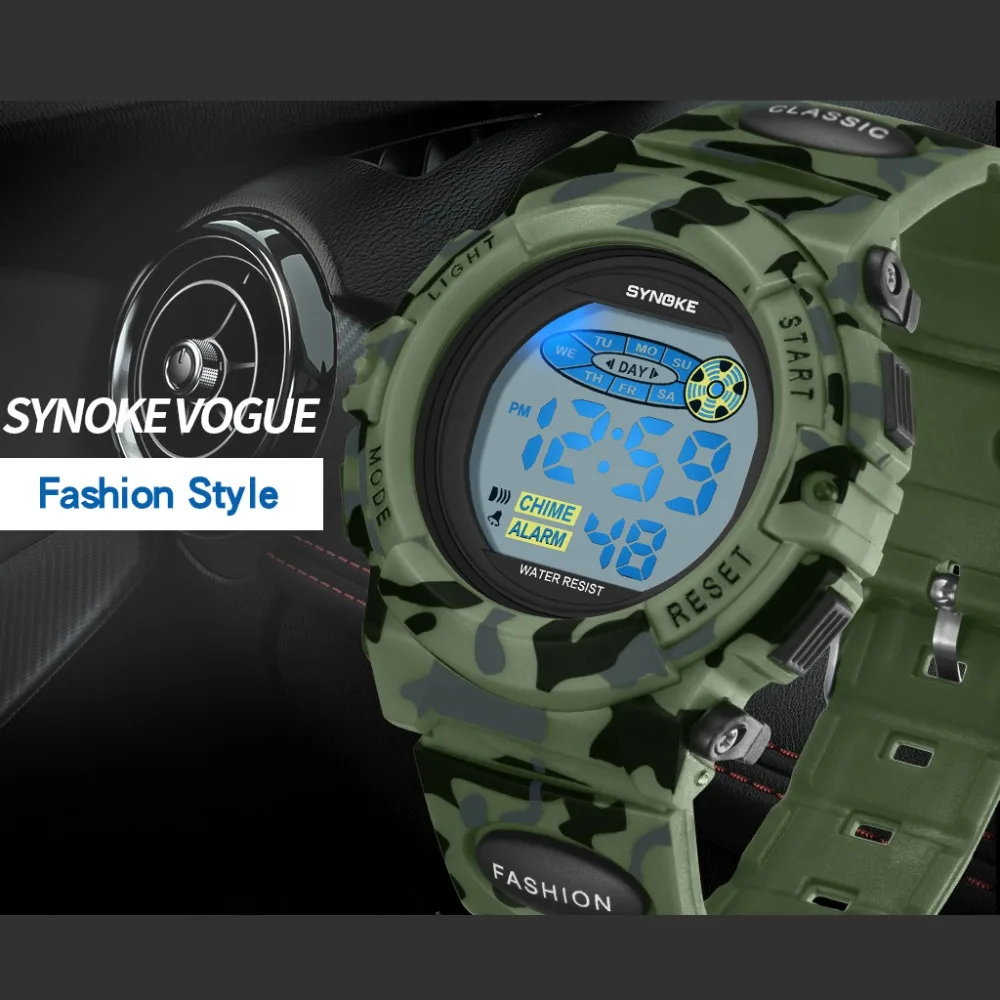 SYNOKE Sports Military Kids Digital Watches Student Children's Watch Fashion Luminous Led Alarm Camouflage Green Boy Clock