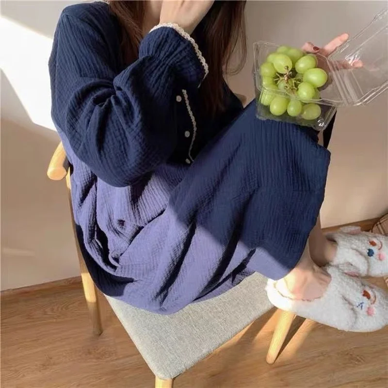 QWEEK Cotton Pajamas Women Autumn Home Clothes Solid Color Pijamas Button Lace Sleepwear Pyjamas Loungewear Home Suit Roomware