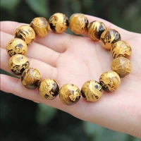 14mm natural tigers eye carved dragon gemstone mala bracelet handmade men meditation gemstone pray tibet silver unisex