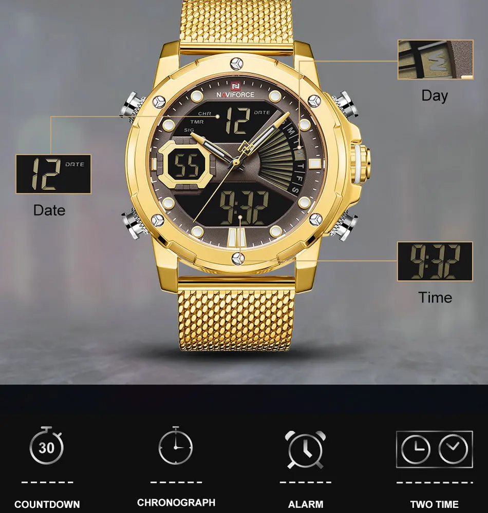 

NAVIFORCE Golden Quartz Watch Men Top Luxury Brand NAVIFORCE Chronograph Dual Time Wristwatch Business Casual Male Clock reloj