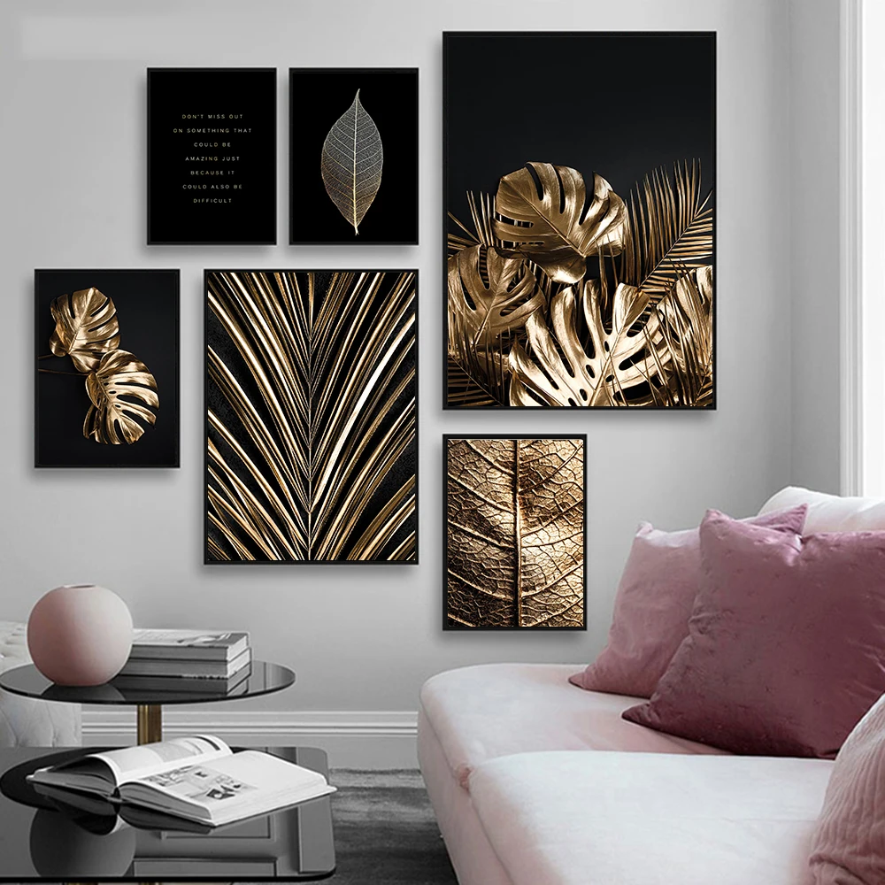 

Metal Leaf Texture Poster Golden Monstera Quote Canvas Painting Modern Black Art Print Fashion Wall Picture Living Bedroom Decor