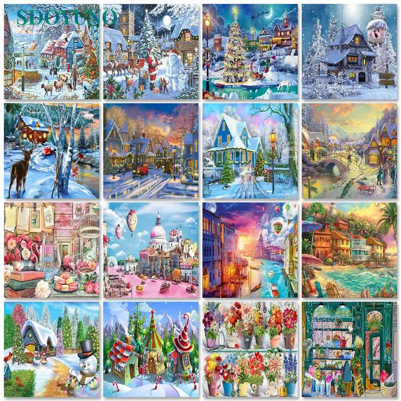 

SDOYUNO Acrylic Paint By Numbers Kits On Canvas City Scenery DIY Frame 60x75cm Oil Painting By Numbers Landscape Home Decor