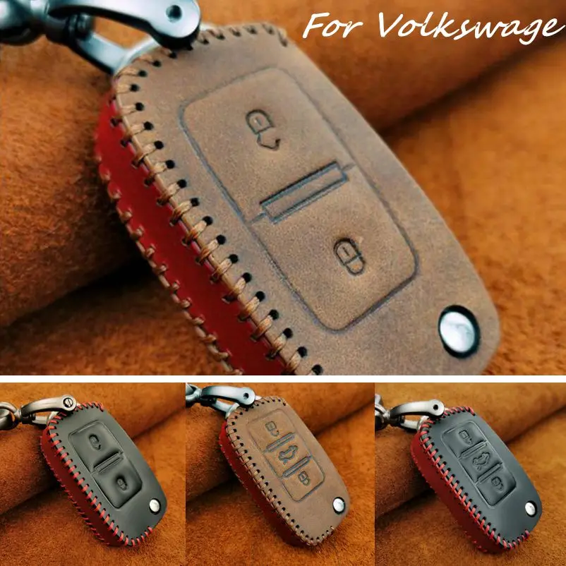 

Handmade Genuine Leather Car Folding Key Case Cover With Key Chain For Volkswagen New Lavida Magotan Sagitar Passat Tiguan etc.