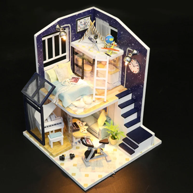 Doll House Loft Miniature Assemble Toys 3D Handmade Wooden Mini Dollhouse Toy with Furniture Led Lights for Kids Birthday Gift |