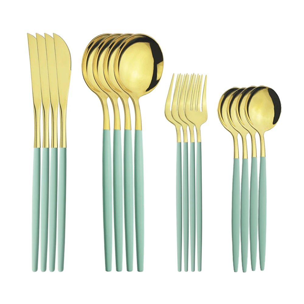 Dinnerware Fresh Mint Green Gold Knife Dessert Fork Spoon Silverware Set Stainless Steel Flatware Cutlery Kitchen Tableware Set