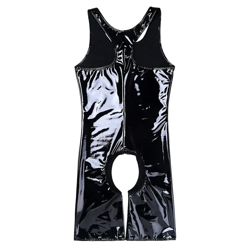 Mens Wetlook Patent Leather One-piece Sleeveless Front Zipper Crotchless Singlet Boxer Briefs Leotard Open Legs Bodysuit | Спорт и