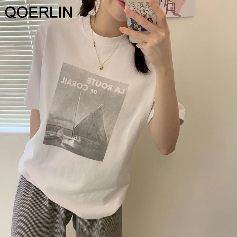 

QOERLIN Retro Basicwear Print Brushed O Neck T-shirt Short-sleeved Korean Loose Casual basic Tops Tees Girly Students T-Shirts