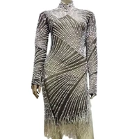 sparkling diamond pearl tassel tights dresses knee length black long sleeves half high collar dresses dancer outfit