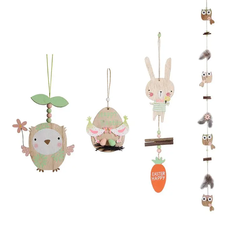 

Wood DIY Chick Pendant Rabbit Carrot Owl Hanging Ornament Creative Easter Decor