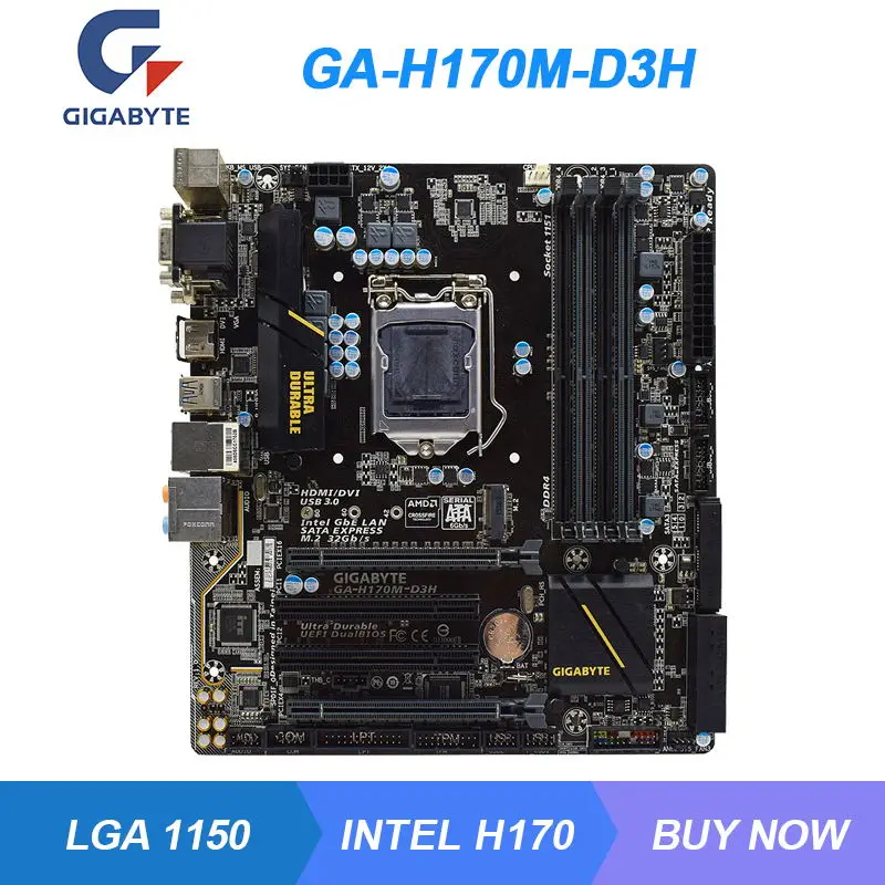 GA-H170M-D3H  Gigabyte Intel H170 LGA 1151      DDR4 64   I7 6700K CPU M.2 PCI-E 3, 0 X16  USB3