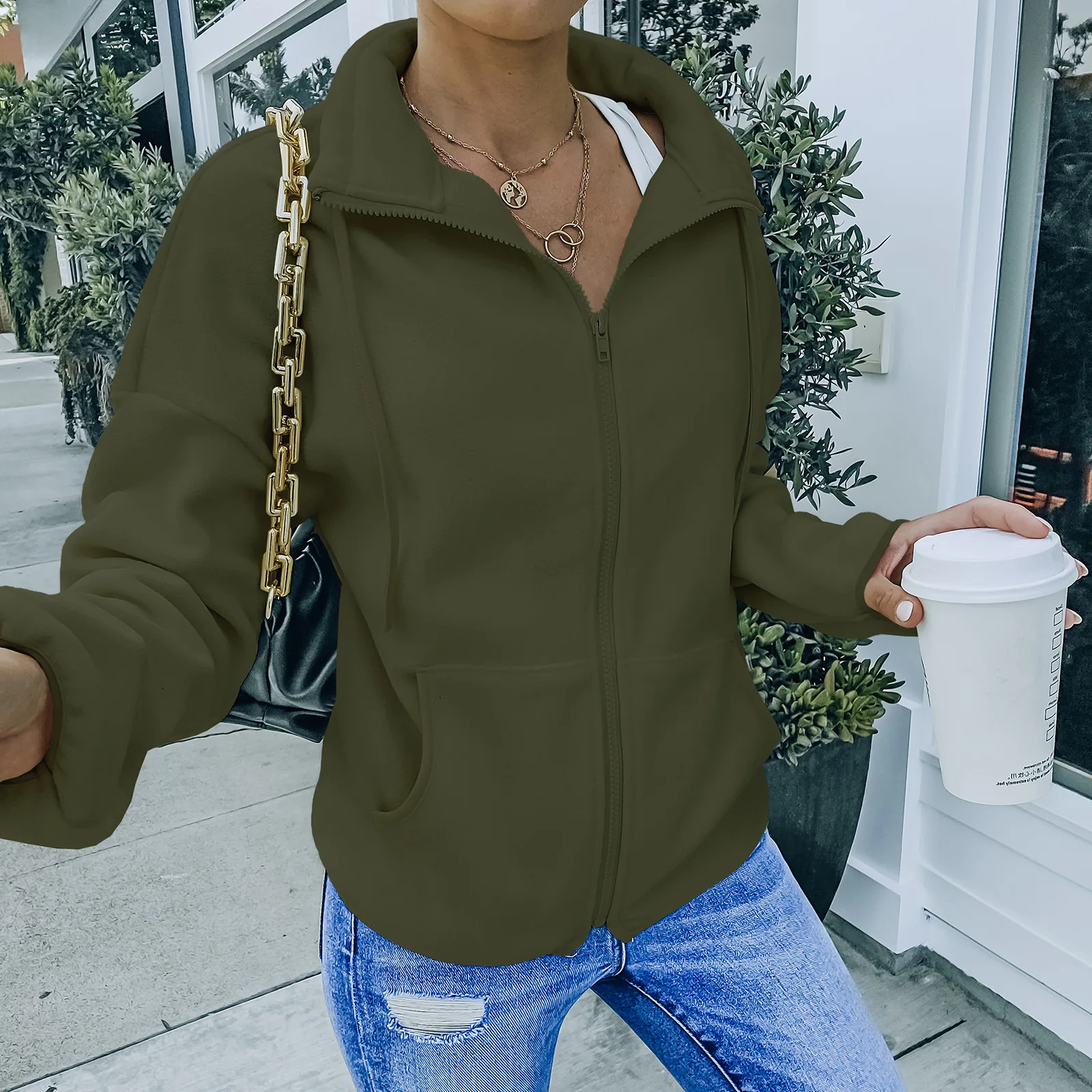 

Y2K Fashion 2021 Women's Spring Autumn Khaki Jacket Cardigan Bomber Harajuku Plush Fleece Clothing Outerwear