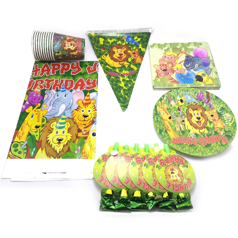 

61PCS Jungle Animal Tableware set Kids Favors Cups Plates Decorate Tablecloth Baby Shower Banner Birthday Party Napkins Blowouts