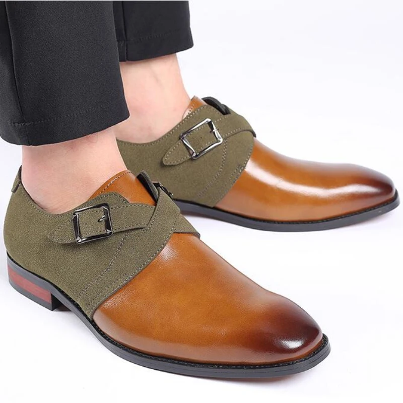 

2020 Army Green Creative Men Casual Leather Shoes Patchwork Man Fashion Oxfords Large Size Mixed Color Models Buckle Formal Shoe