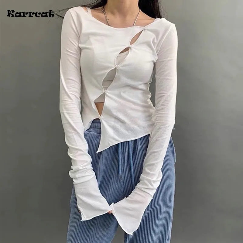 

Karrcat Korean Slash Neck Slim T-shirt Long Sleeve Hollow Out Oblique Buckle Chic Design T Shirts Women Sexy Irregular Tee Shirt