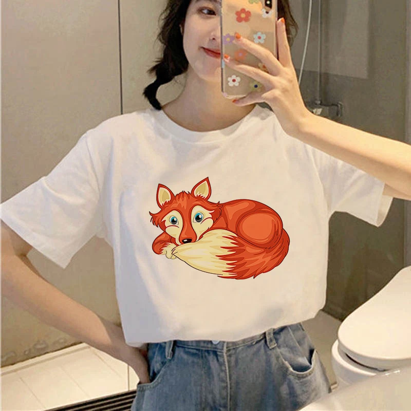

2021 New Vogue Cartoon Fox T-Shirt Fashion Women Harajuku Ulzzang T Shirt Summer Tops 90s Girls Graphic Tees Woman Clothing