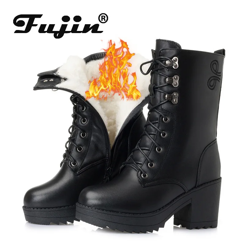Fujin/шерстяные женские зимние ботинки на среднем каблуке Теплая обувь меху Модные