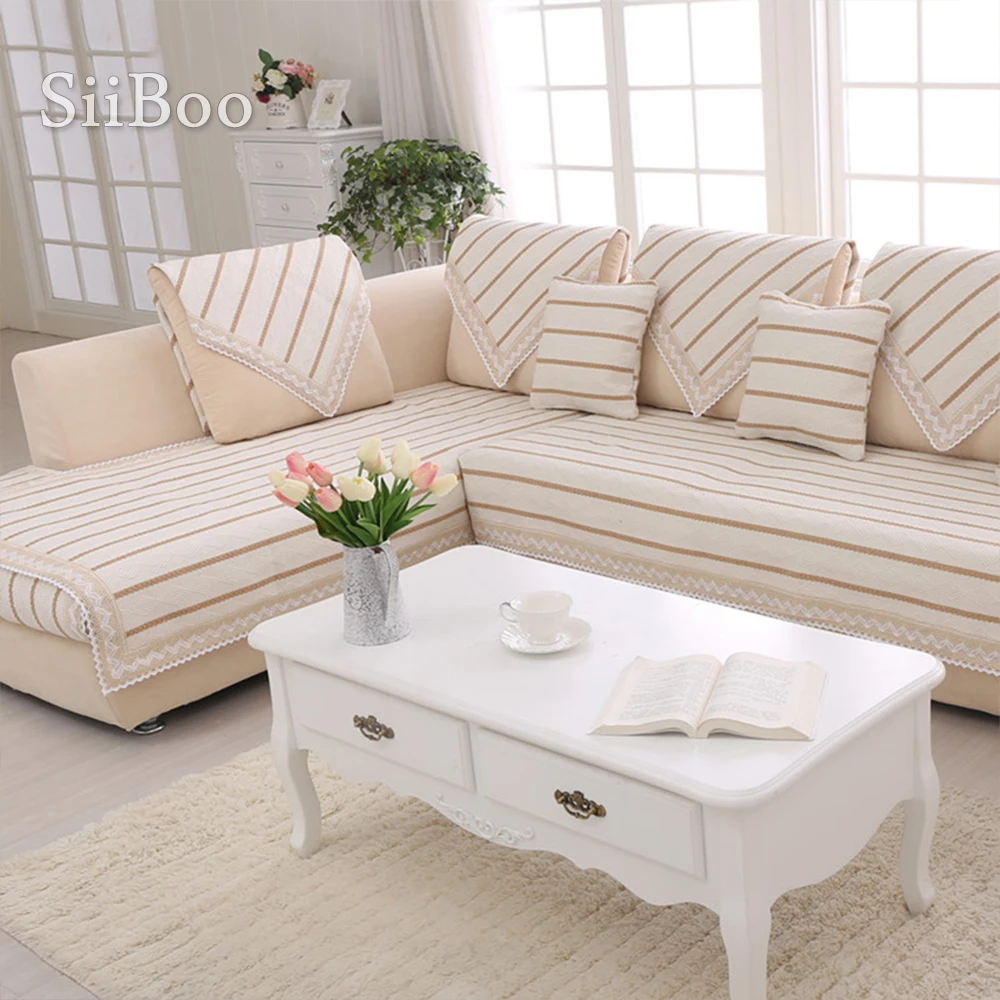 Современный чехол для дивана в белую коричневую полоску из хлопка и льна