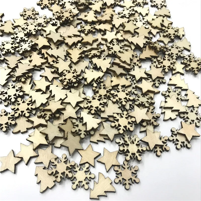 

500PCS Mix Wooden Christmas Tree Decorations Snowflakes Stars DIY Xmas Ornaments New Year Christmas Decorations for Home 15MM