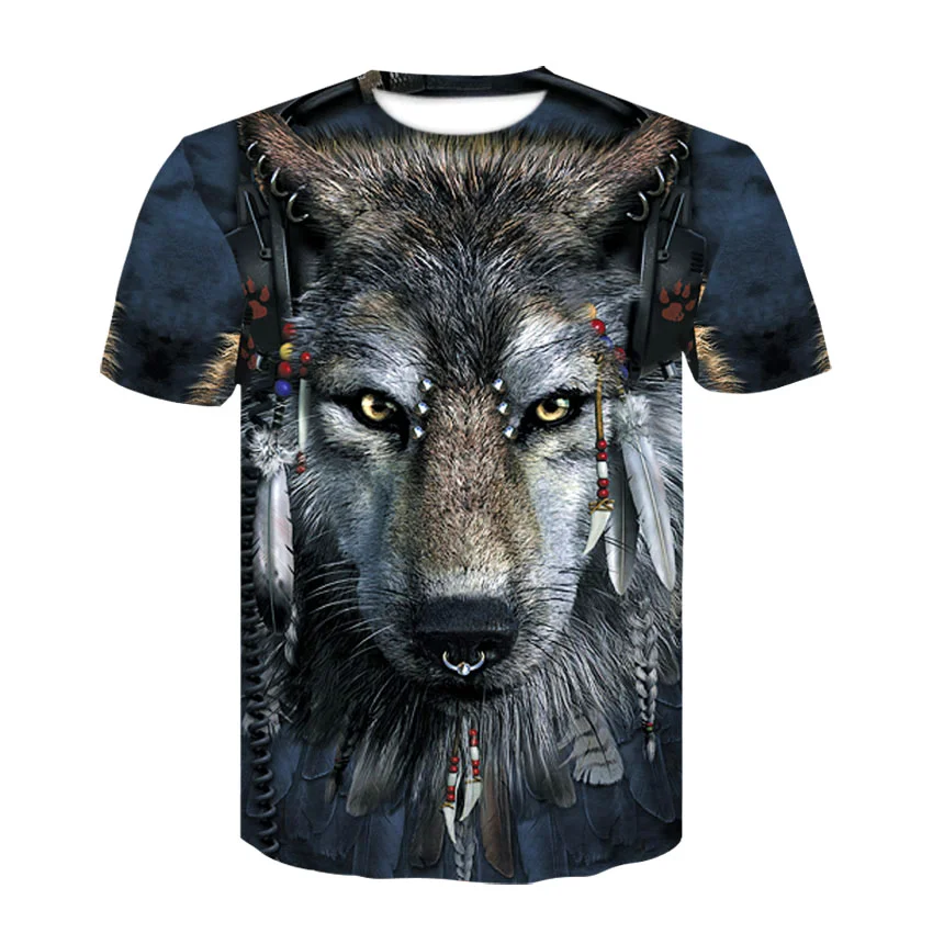 

2021 spring and summer new 3D T-shirt short-sleeved fashion short-sleeved top wolf animal crossing the street hip-hop shirt casu