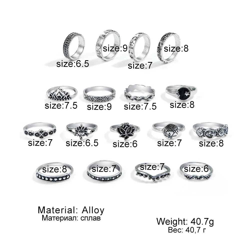 17 шт. Винтажные черные кольца-цепочки с драгоценными камнями в стиле панк набор