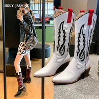 retro western cowboy boots for women pointed toe womens shoes brand embossing suede leather shoes mid calf chunky wedges boot