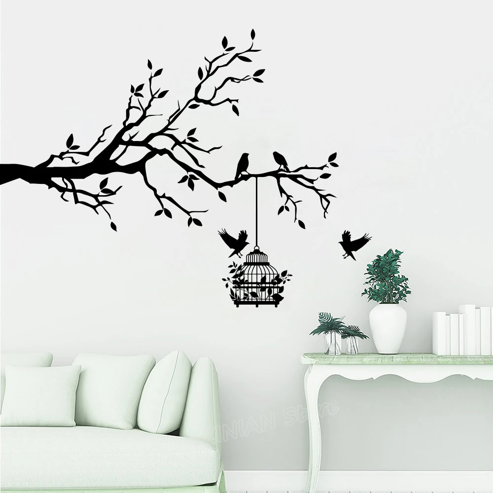 

Large Tree Bird Birdcage Wall Sticker Living Room Baby Nursery Branch Animal Bird Cage Wall Decal Bedroom Vinyl Home Decor
