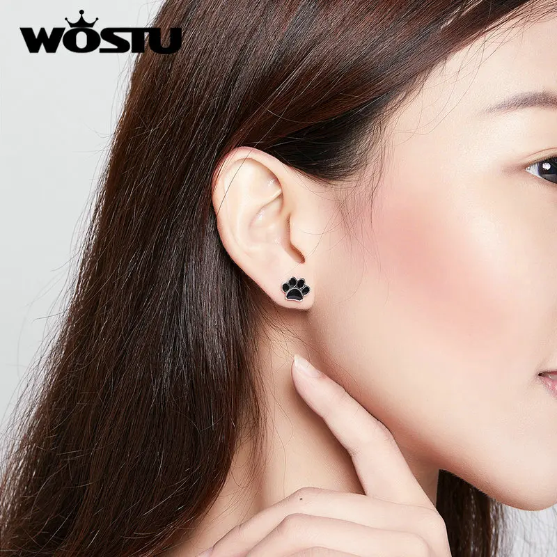 WOSTU, черные серьги-гвоздики в виде собачьей лапы, 925 пробы, серебро, для женщин, 925 серебряные ювелирные изделия, маленькие серьги FIE757