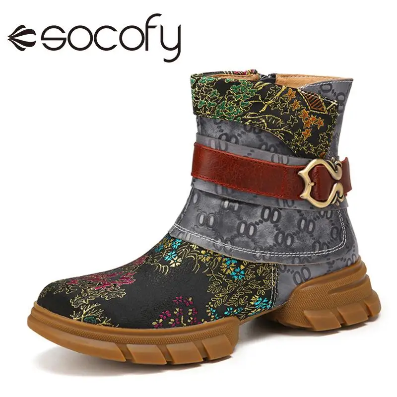 

SOCOFY/Женская обувь; Удобные повседневные короткие ботинки на плоской подошве из натуральной кожи в стиле ретро с вышивкой и круглым носком; У...