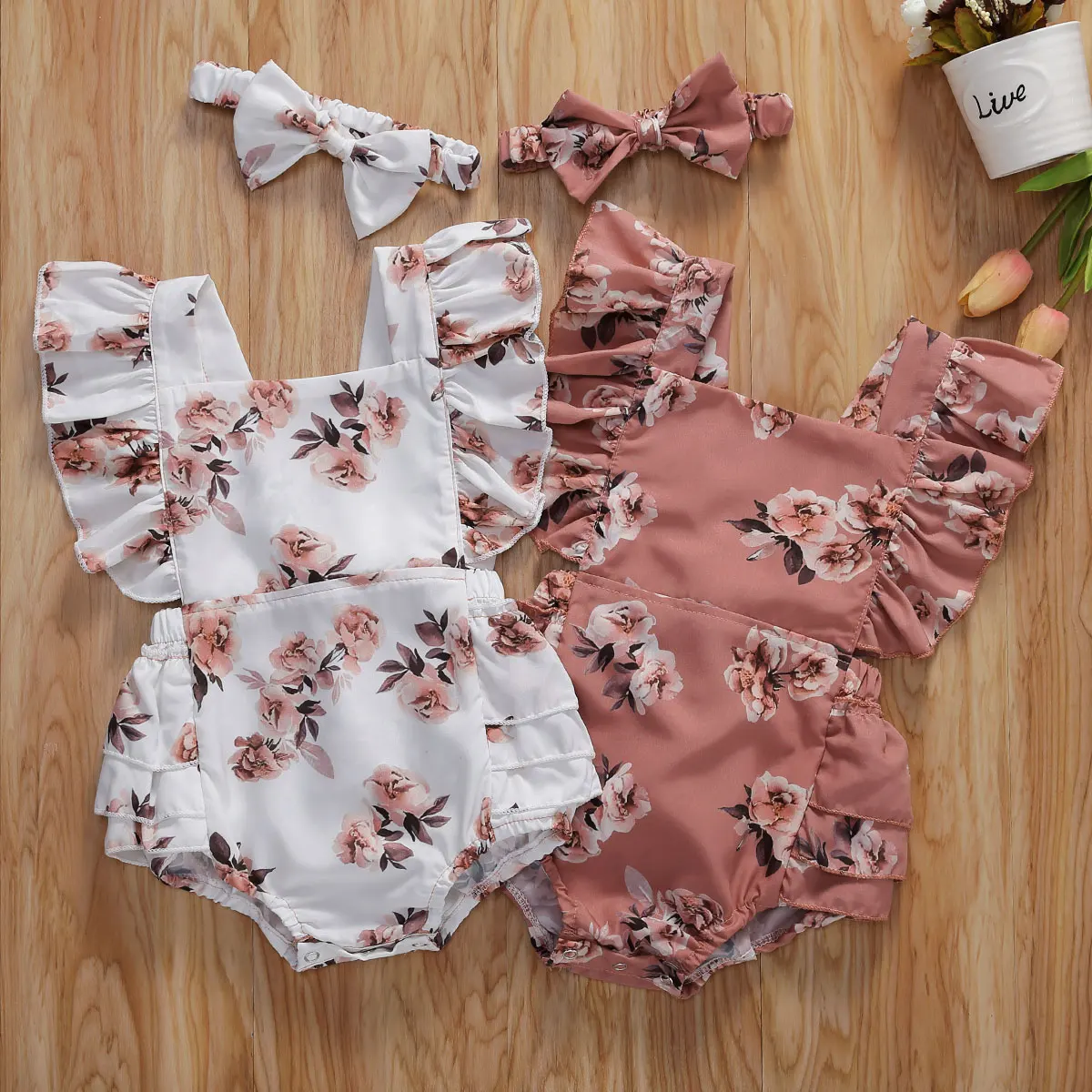 

2021Baby Summer Clothing Infant Newborn Baby Girl Floral Romper Sleeveless Ruffled Jumpsuits With Headband
