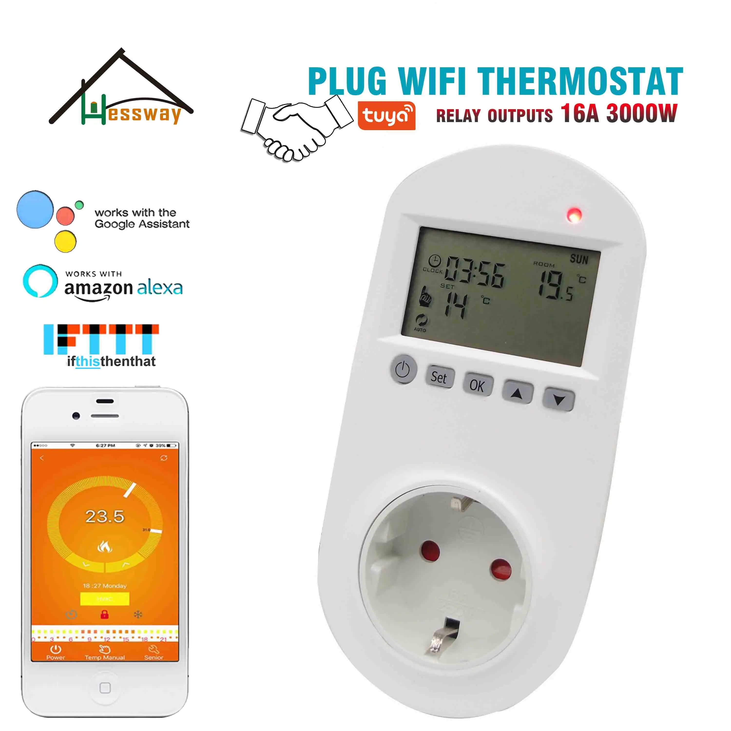HESSWAY TUYA 16A 3 кВт Wi Fi термостат smart plug EU для электрического подогрева пола|Запчасти