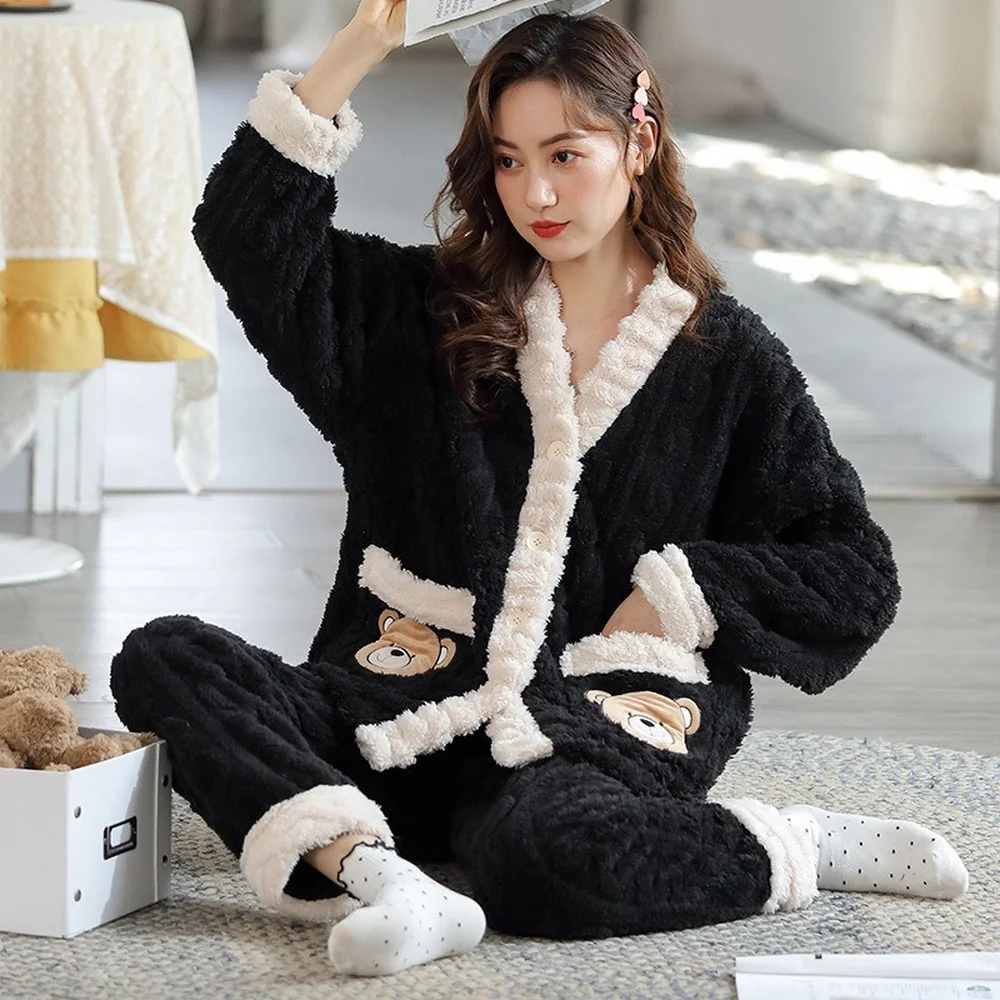 Flannel Pajamas Set for Women Winter Thick and Warm Cute Cardigan Kimono Coral Fleece Home Service Women's Pajamas Sleepwear