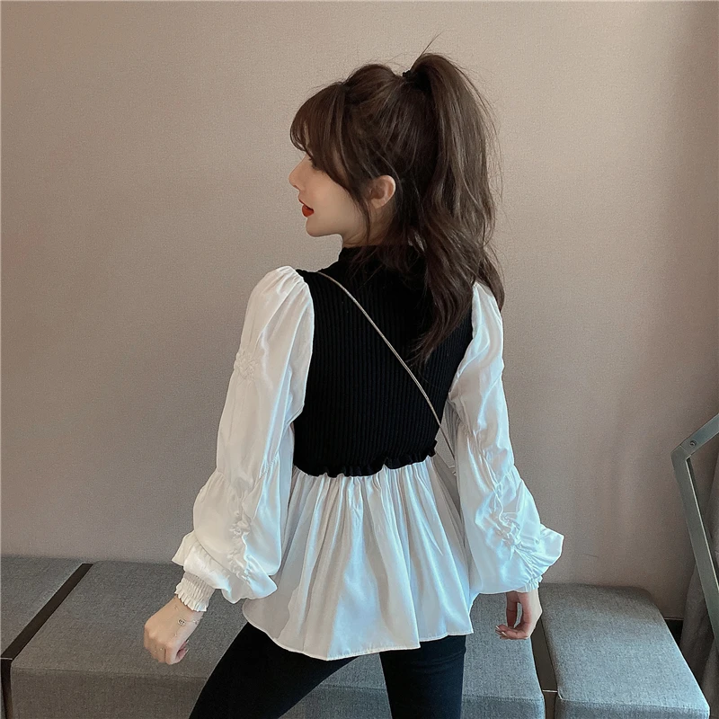 

Autumn New Slim Knitted Patchwork Shirts Female Fashion Brand Fake Two Pieces O-neck Ladies Tops Long Sleeve Women's Clothing