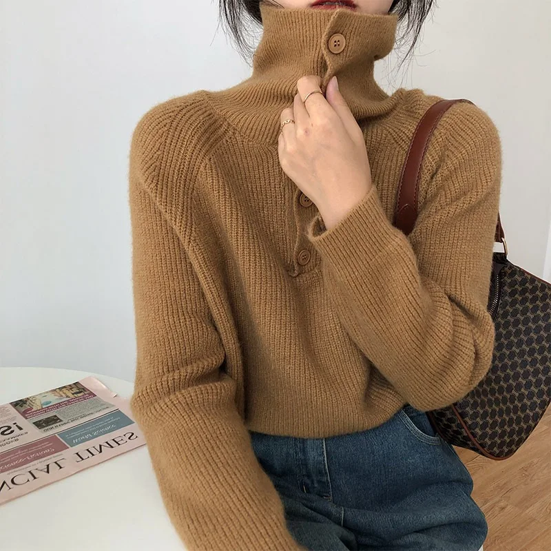 Мягкий осенне-зимний женский свитер с высоким воротником теплые пуловеры