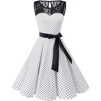 50hotretro womens polka dot lace stitching sundress butterfly end waist swing mid length dress party dress dress