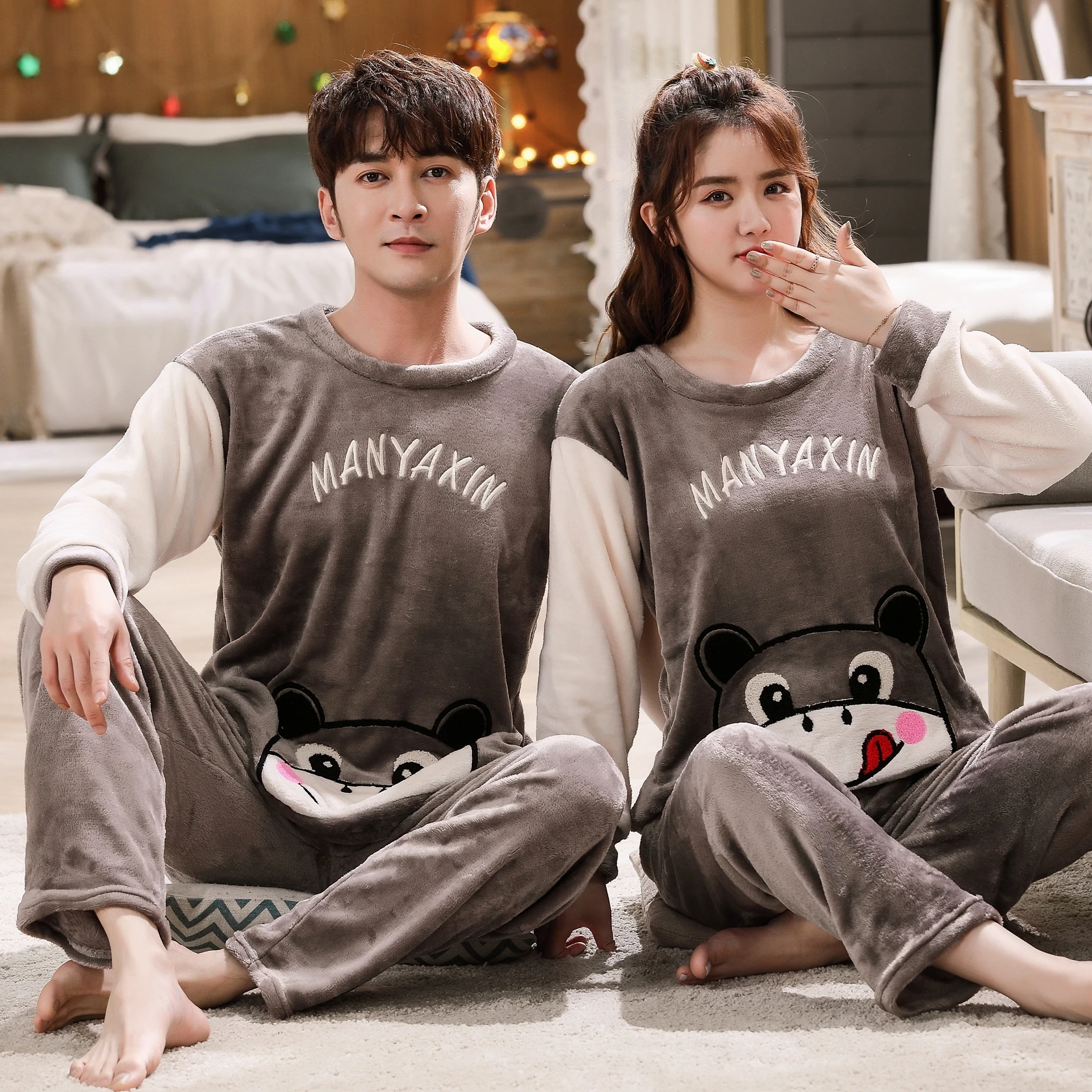 Пижама Mujer зимняя Фланелевая для пары комплект с круглым вырезом размера плюс