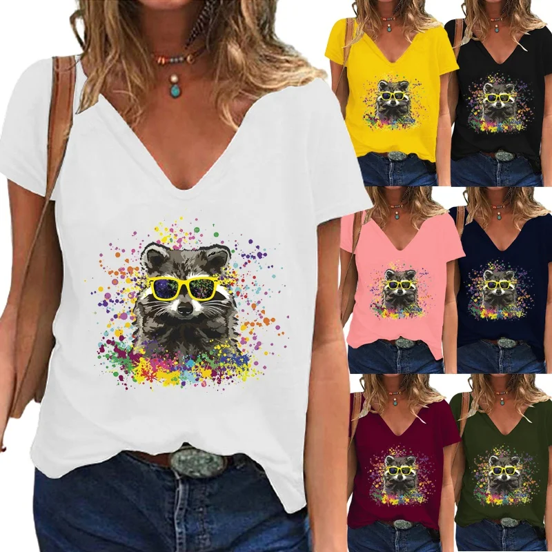 

Summer Women's Plus Size V-neck Short Sleeve T-shirt Cartoon Printed Shirt Ladies Casual Loose Top Solid Color Shirt XS-5XL
