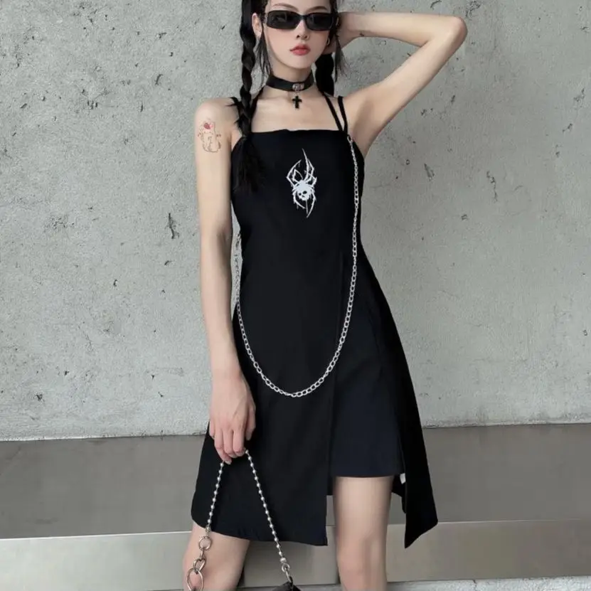 

Harajuku Gothic Dark Women Dress Skull Print Fashion Streetwear Bandage Stitching Split Black Short Summer Halter Halter Dress