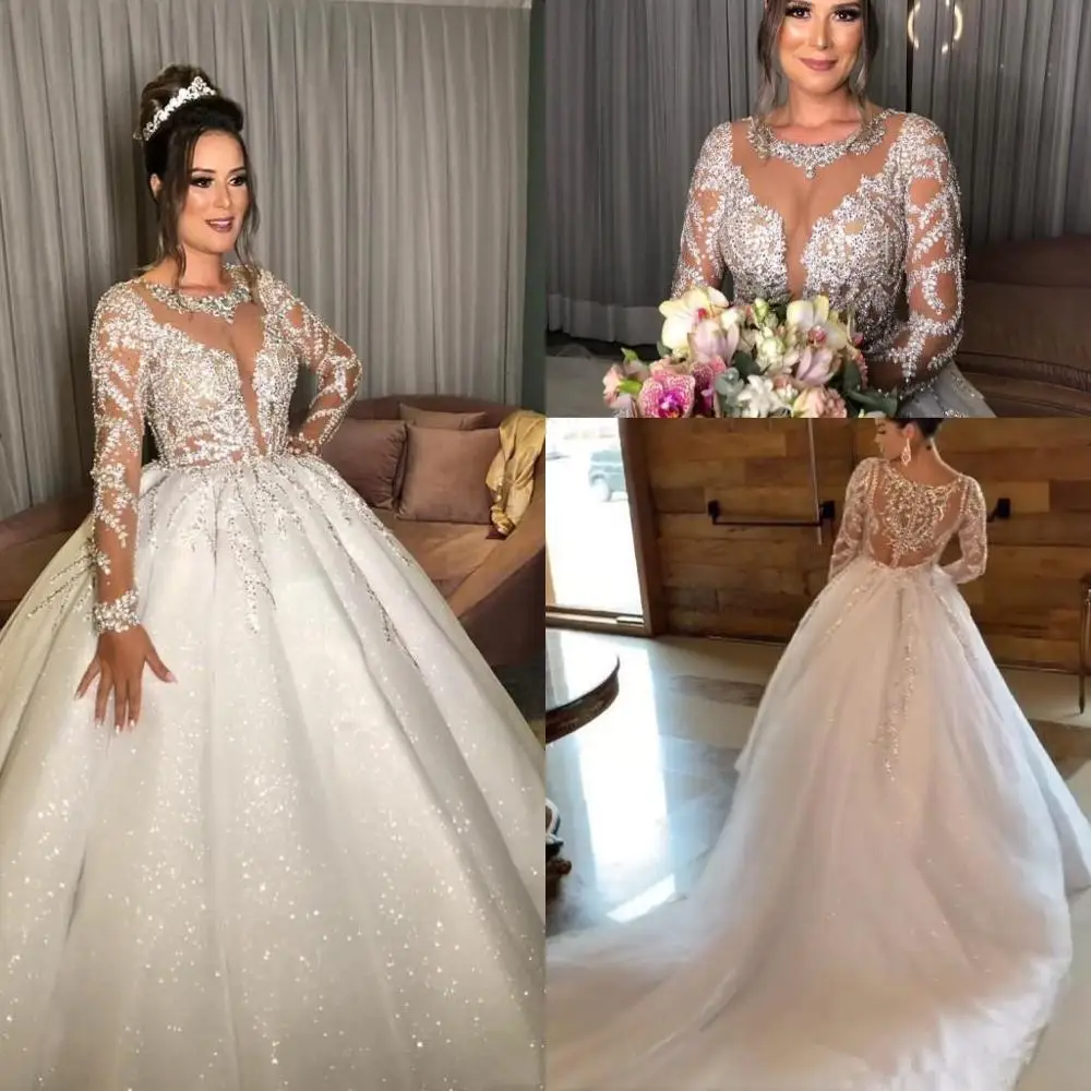 

Sparkly Luxury Sheer O-neck Wedding Dresses with Illusion Long Sleeve 2021 Shiny Lace Pleats Beaded Arabic Church Wedding Gown