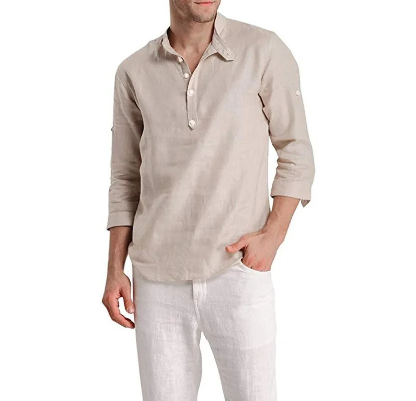 

Chemise Homme 2020 New Hot Sale European American Men's Seven-quarter Sleeve Stand-up Collar Half Cardigan Shirt Men's Clothing