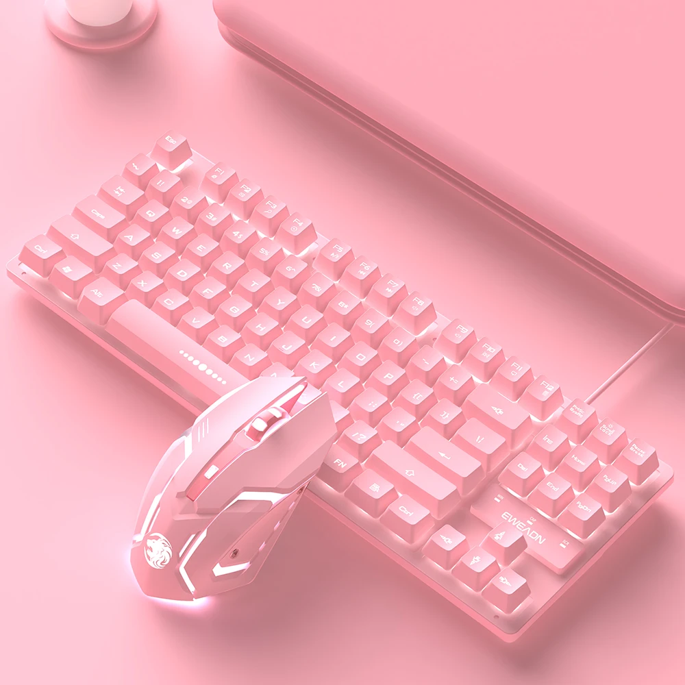 

keyboard and Mouse set Wired Desktop Computer Game Gaming 87-key Girl Cute Pink Mute Office Notebook Keyboard