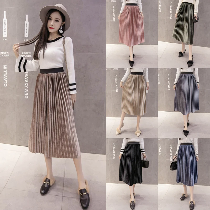 OllyMurs корейская мода Женские винтажные бархатные Длинные Юбки Высокая талия