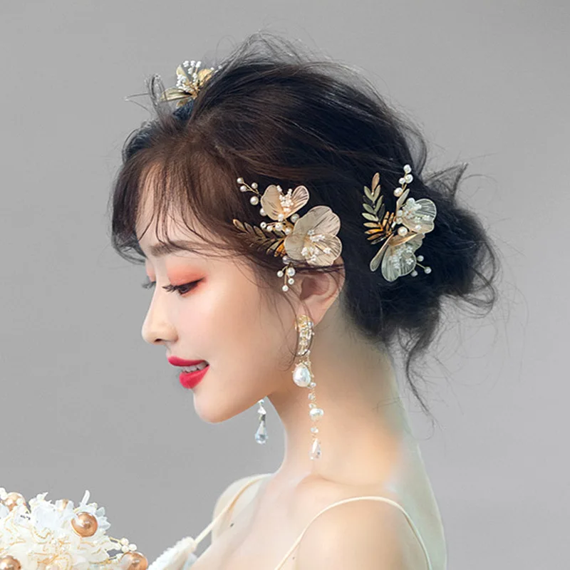 Шпилька для волос в Корейском стиле с золотыми лепестками цветов аксессуары