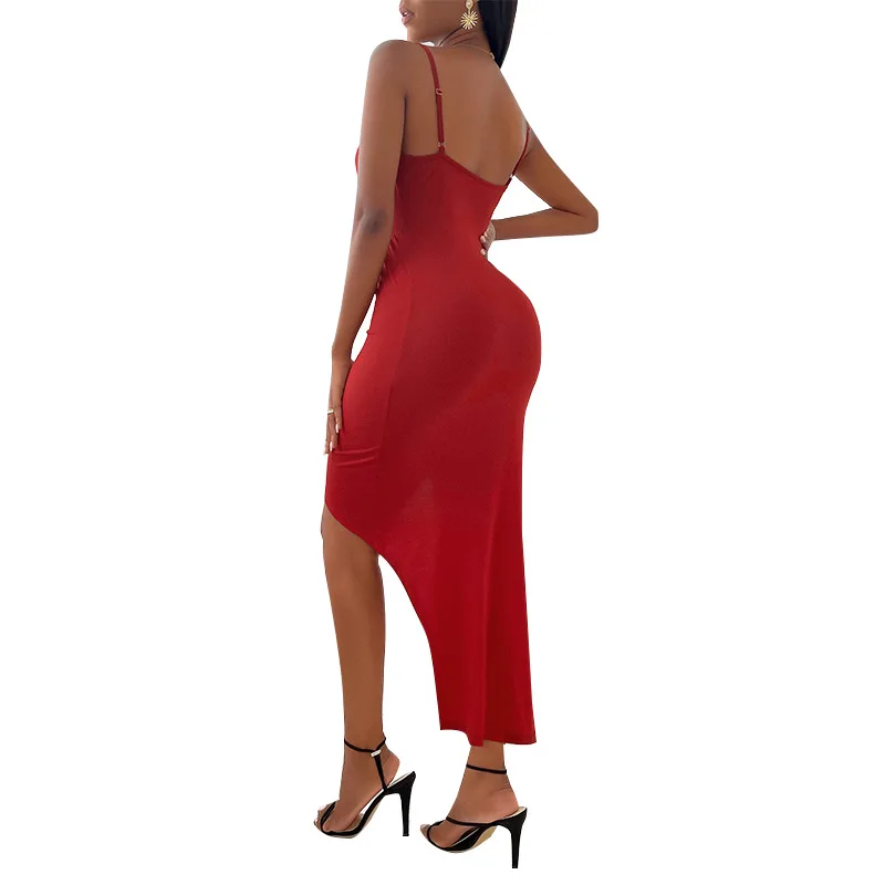 

The New Women's Clothing Summer Fashion V-neck Buttocks Solid Color Sling Dress