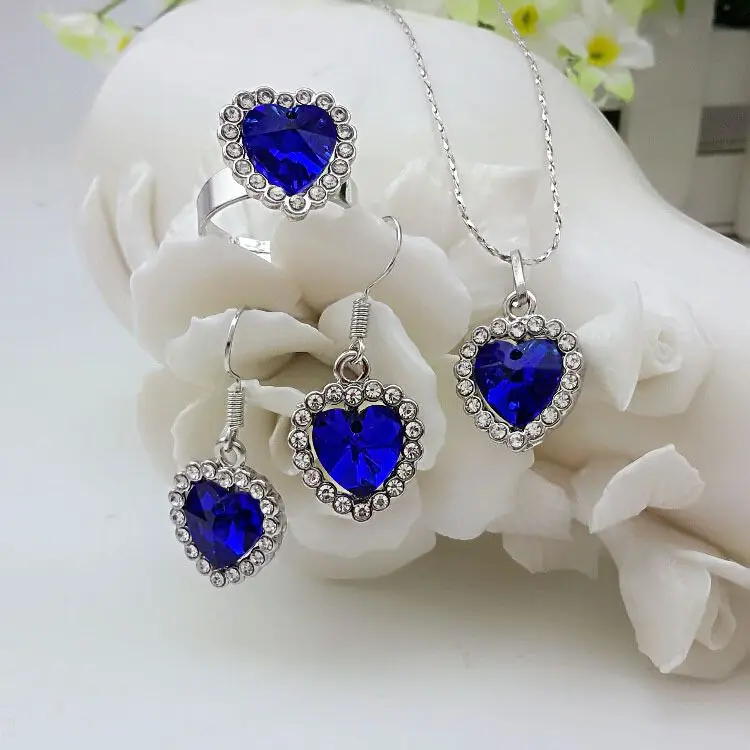 

Trendy jewelry set 925 sterling silver heart treasure blue fashion jewelry necklace pendant earrings ring women's bride S0107
