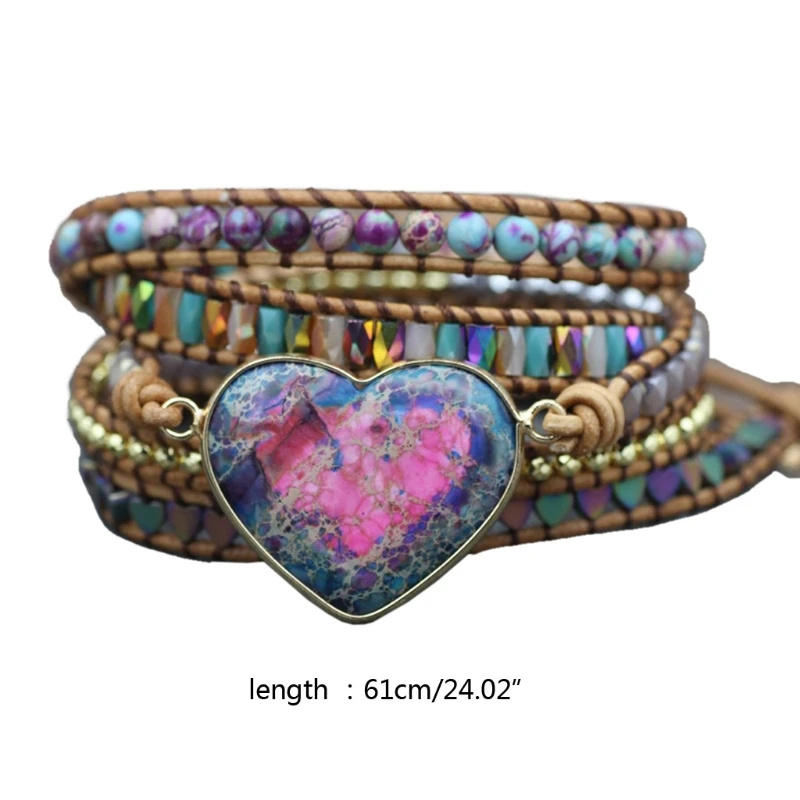 

Handmade Natural Heart Stones Charm 3 Strands Wrap Bracelets Boho Crystal Hematite Bead Mix Women Leather Bracelet