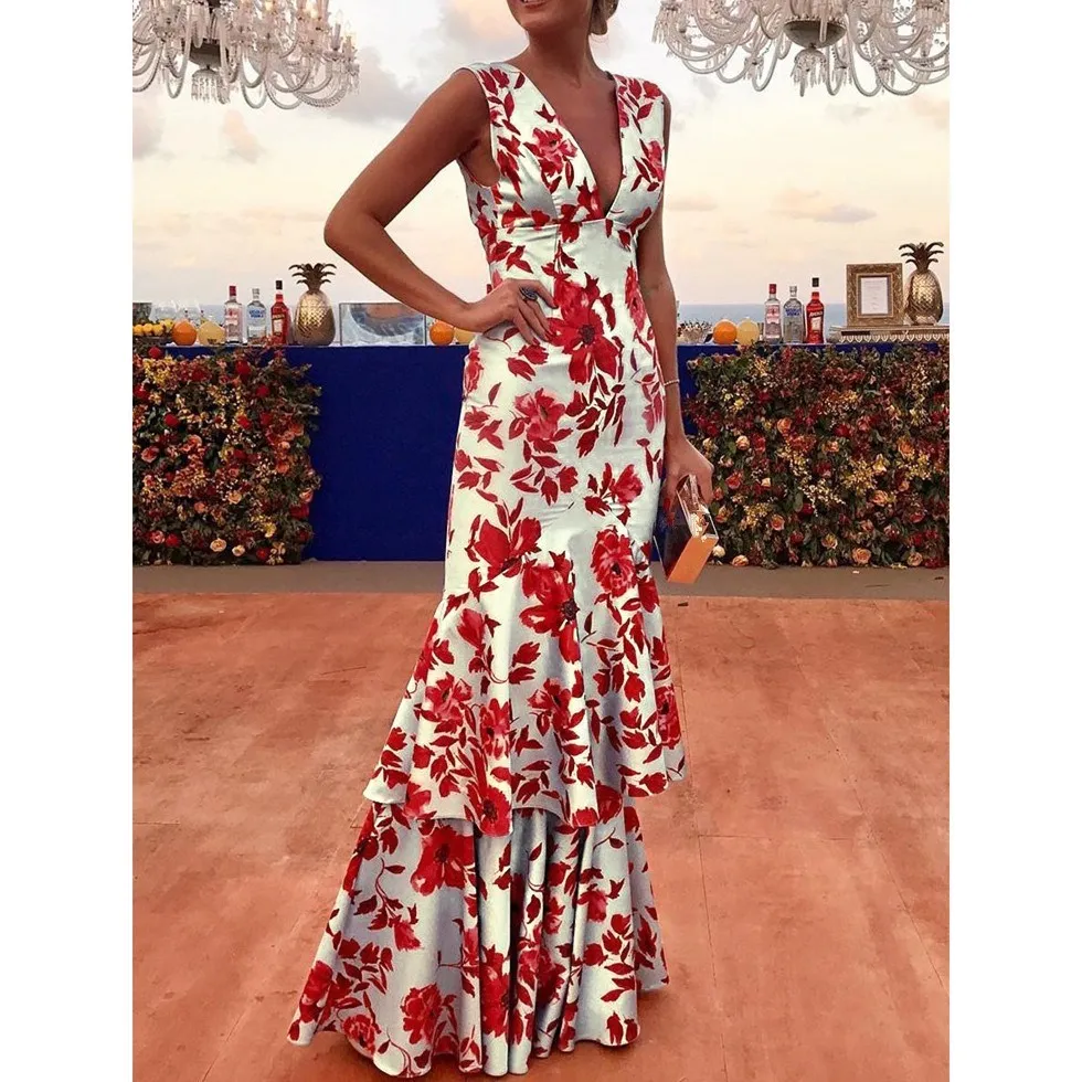 Винтажное модное платье с v-образным вырезом и оборками с цветочным принтом, женские вечерние платья без рукавов с бретельками в стиле ампир, сексуальное летнее платье трапециевидной формы